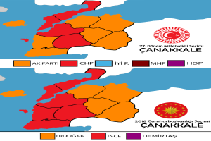 Eine Landkarte der Türkei, die in verschiedenen Farben die prozentuale Bevölkerungszahl in jedem Gebiet zeigt, mit der Anzeige "Canakkale Wahl 2018".