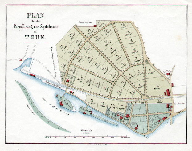 Detailierte alte Karte von Thun, Deutschland, mit Straßen, Gebäuden und Sehenswürdigkeiten mit sichtbarem Text.
