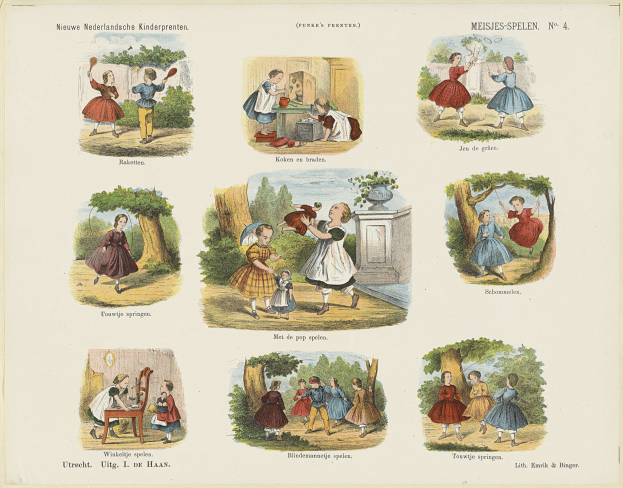 Ein Kinderbuch mit Fotos von Kindern, die im Park spielen, umgeben von Bäumen und anderen Gegenständen, mit begleitendem Text.