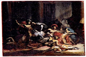 Gemälde mit dem Titel "Die Tanzstunde" von Edward Burne-Jones, das eine Gruppe von Menschen in einem Raum tanzt, mit einer Tür und einer Wand im Hintergrund, in leuchtenden Farben und sichtbaren Pinselstrichen.