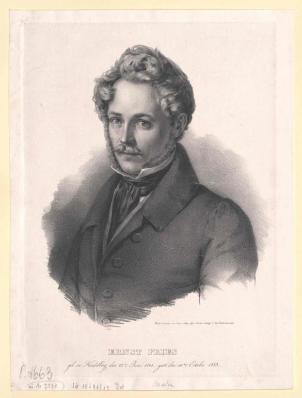 Schwarz-weiß-Porträt von Ernst Frühls, einem deutschen Komponisten und Pianisten, der einen Anzug trägt und einen Schnurrbart sowie einen ernsten Gesichtsausdruck hat, mit deutschem Text unten.