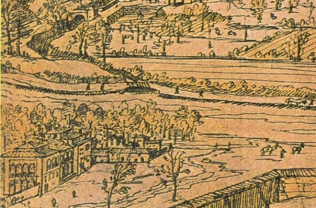 Ein detailliertes Stadtlandschaftsbild mit einer gewundenen Flusslandschaft, umgeben von üppigen grünen Bäumen und hohen Gebäuden, die eine friedliche Atmosphäre vermitteln.