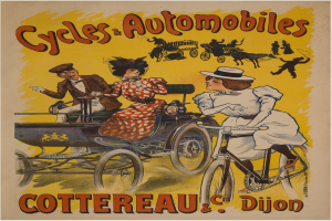 Plakat für Fahrräder und Automobile in Cottereau und Dijon, Frankreich, das Menschen auf Fahrrädern und eine Kutsche zeigt, mit der Aufschrift "Fahrräder und Automobile" oben.
