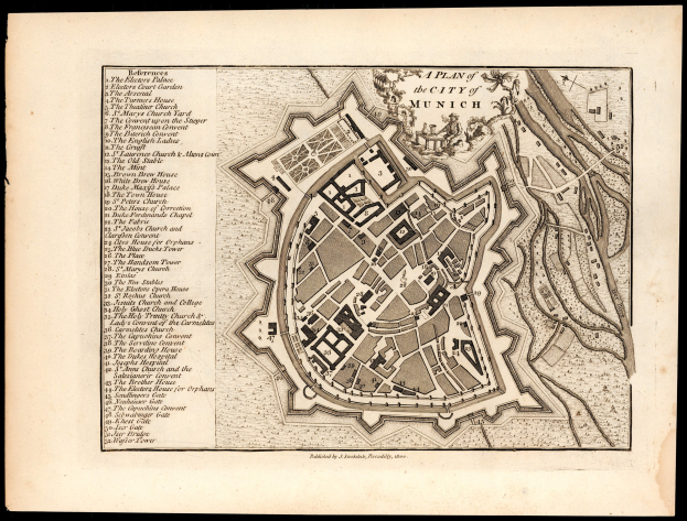 Detailierte alte Karte von München, Deutschland, mit Straßen, Gebäuden und Sehenswürdigkeiten auf einem schwarzen Hintergrund, begleitet von beschreibendem Text.
