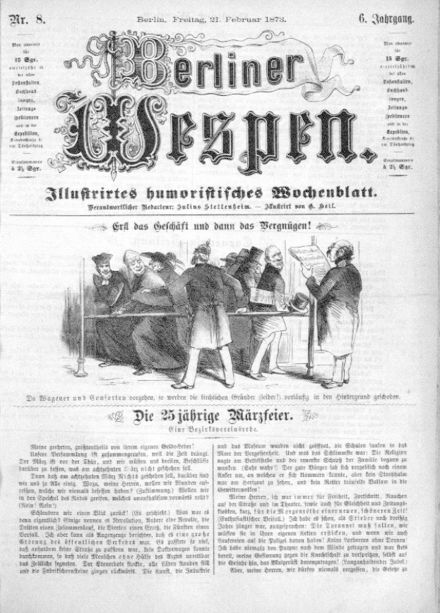 Alte deutsche Zeitung "Berliner Wespen" vom 21. Februar 1873 mit einer Gruppe von Menschen in traditioneller deutscher Kleidung, die sich unterhalten, mit deutschem Text, der wahrscheinlich das Ereignis beschreibt.