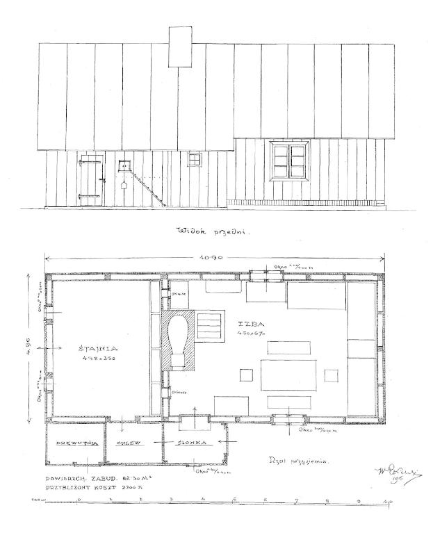 Eine Strichzeichnung eines kleinen Hausgrundrisses mit beschrifteten Raumdimensionen, Fenster- und Türpositionen und Raumaufteilungen.