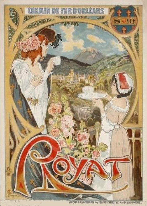 Royal Tea Company Plakat in Paris mit zwei Frauen mit Tee, umgeben von Blumen, Hügeln und Wolken.