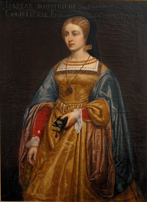Gemälde von Isabella daustriche in einem goldenen Kleid mit detaillierten Verzierungen, ihr Haar zu einem ordentlichen Knoten gebunden, mit einer königlichen und würdevollen Ausstrahlung und einem seren expression.