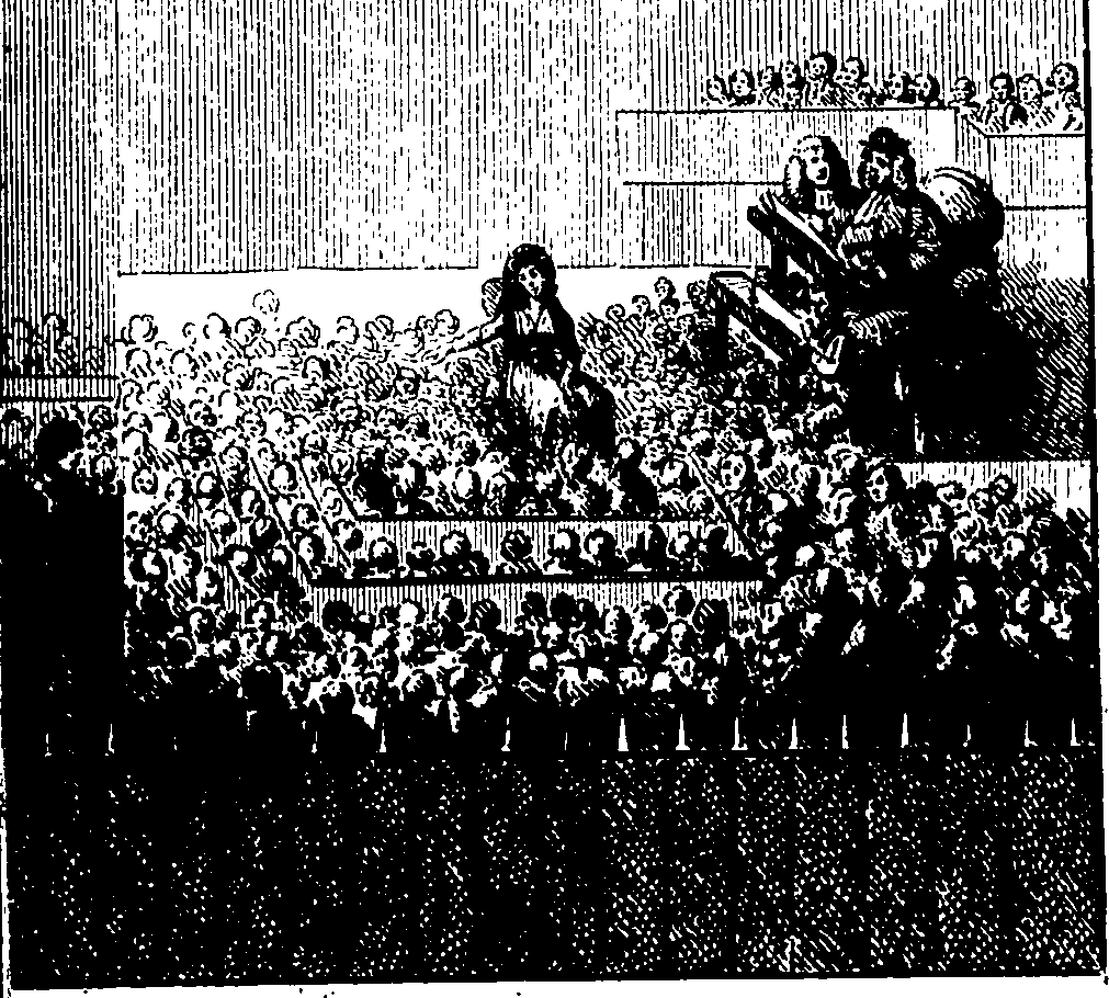 Eine Schwarz-Weiß-Zeichnung eines vollen Theaters mit sitzenden und stehenden Menschen und einem Text am unteren Rand, der 'The New York Times' lautet.