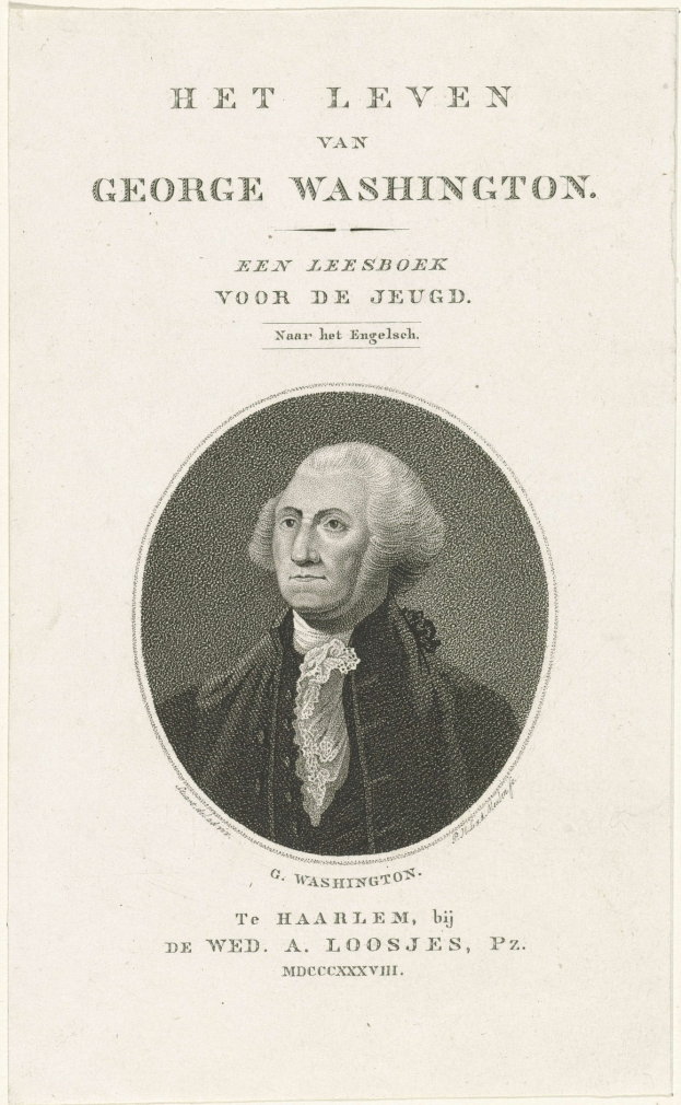 Porträt von George Washington auf Papier mit Text, der nach vorne zeigt und einen ernsten Ausdruck hat, trägt einen Anzug und eine Krawatte.