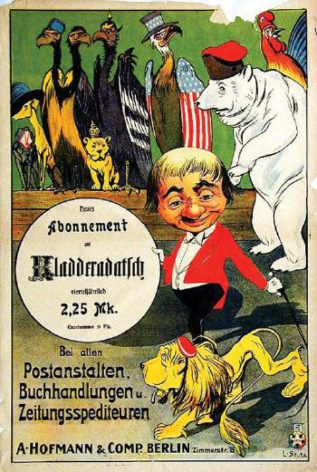 Ein altes deutsches Propagandaplakat für die Berliner Olympischen Spiele, das einen Mann im Anzug mit Hut umgeben von verschiedenen Tieren, Vögeln und einer Flagge zeigt, mit begleitendem Text.