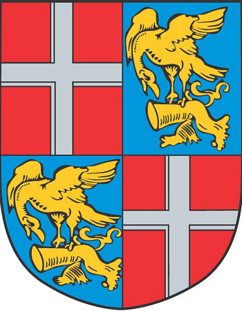 Das Wappen von Stuttgart, Deutschland, zeigt einen Schild mit roten und blauen Abschnitten, flankiert von zwei Löwen, mit einem goldenen Kreuz auf rotem Hintergrund in der Mitte.