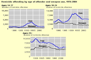 Balkendiagramm, das die Homicid-Rate nach Alter des Täters und Waffentyp von 1976 bis 2004 zeigt.