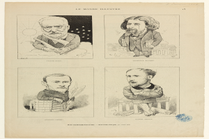 Eine Buchseite mit vier detaillierten Karikaturen von Männern in Anzügen und Krawatten, jeder mit einzigartigen Gesichtsausdrücken und Hairstyles, begleitet von fetter Schrift.