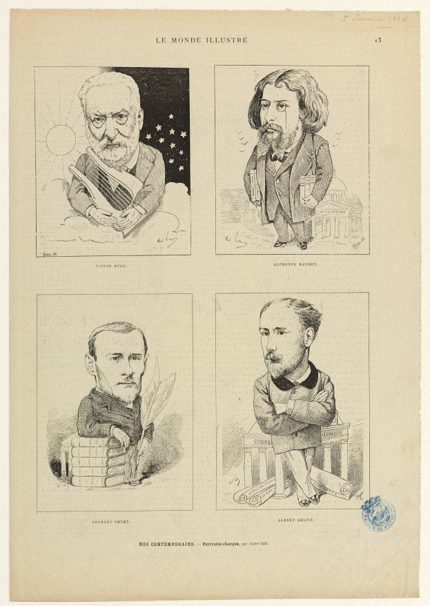 Eine Buchseite mit vier detaillierten Karikaturen von Männern in Anzügen und Krawatten, jeder mit einzigartigen Gesichtsausdrücken und Hairstyles, begleitet von fetter Schrift.