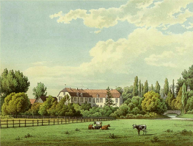 Ein Bild von Kühen, die auf einer Wiese mit einem Holzzaun, Bäumen, Gebäuden mit Fenstern, einer Brücke und einem bewölkten Himmel im Hintergrund grasen, mit der Beschriftung "Kühe auf der Weide in Wiesbaden, Deutschland".