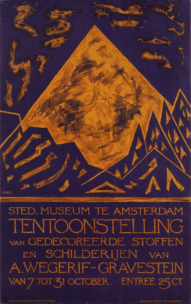 Plakat für ein Museum in Amsterdam, Niederlande, mit einem Gemälde einer Ausstellung und Textinformationen zum Museum.