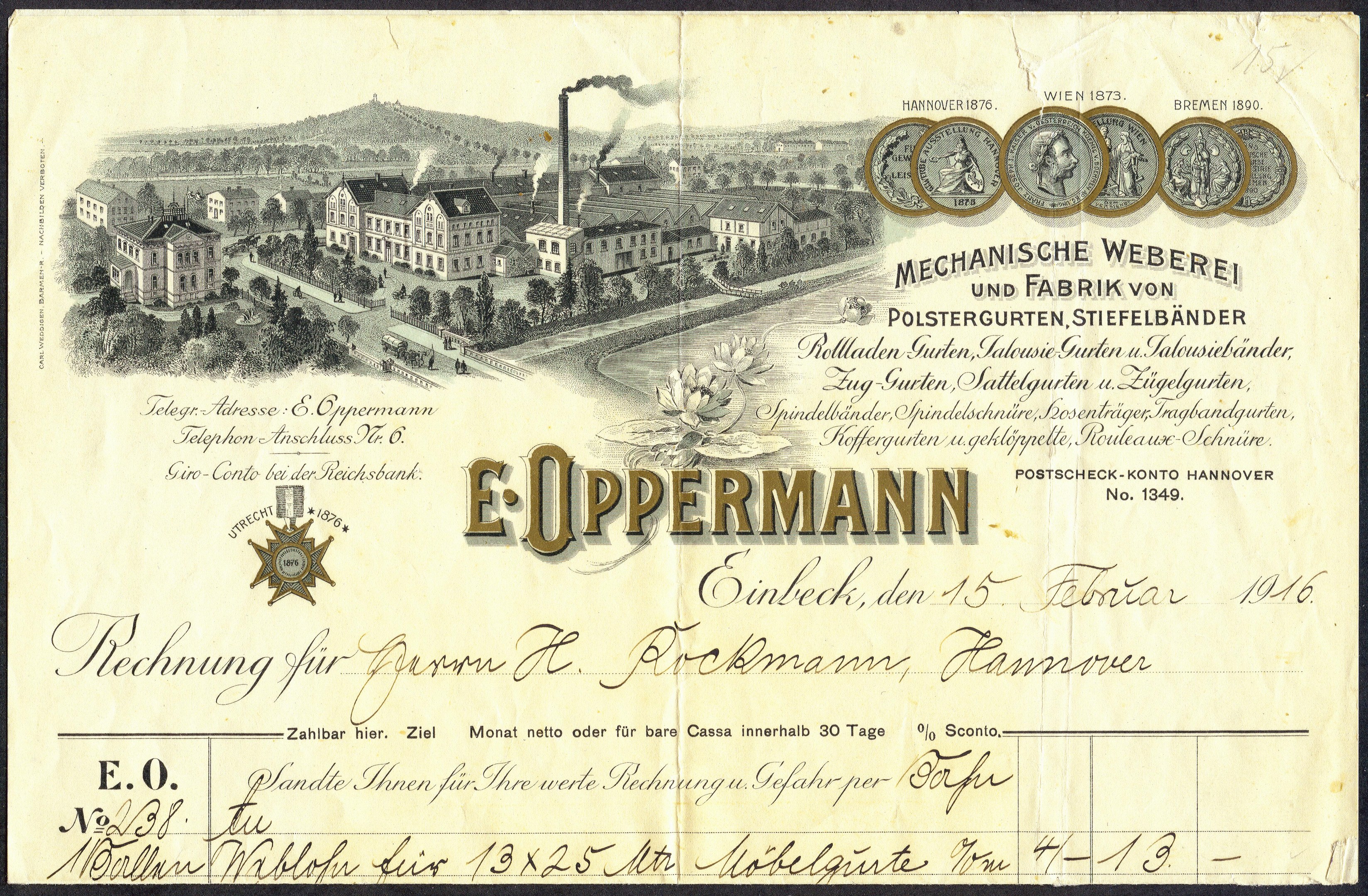 Alte deutsche Banknote mit einer Fabriklustration und Text, Zahlen und Bilder von Gebäuden, Bäumen und Rauch.