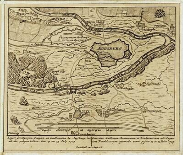 Ein detaillierter alter Stadtplan von Augsburg, Deutschland, mit Text oben und unten, der Straßen, Gebäude und andere Merkmale zeigt.