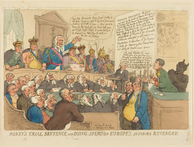 Cartoon von einer Gerichtsszene mit dem Titel "Boney's Trial, Sentence, and Dying Speech Europe's Injuries Revenged", das einen zentralen stehenden Mann, sitzende Figuren und einen Tisch mit Gegenständen zeigt.