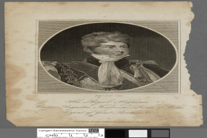 Porträt von George Augustus Frederick, Prinz von Wales, in einem schwarzen und weißen Kleid, mit Text unten.