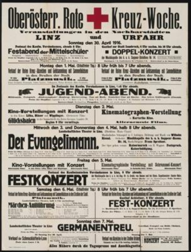 Eine alte deutsche Zeitungsanzeige für das Deutsche Rote Kreuz vom 30. April 1916 mit Text und einem Pluszeichen.