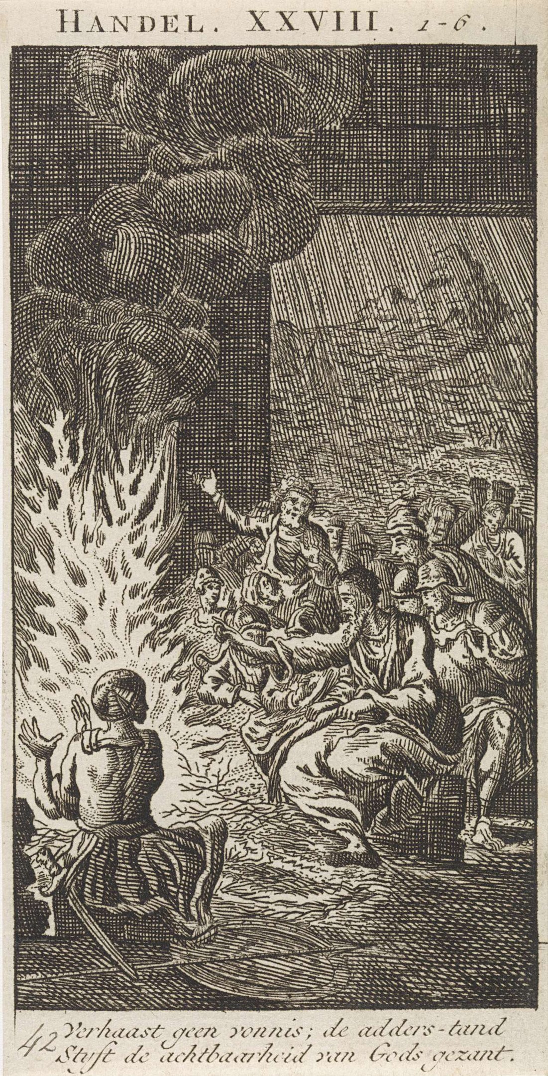 Schwarze und weiße Gravur einer Gruppe von Menschen, die um ein Feuer versammelt sind, einige sehen ängstlich nach oben und andere ehrfürchtig nach unten, mit Text oben und unten auf dem Papier.