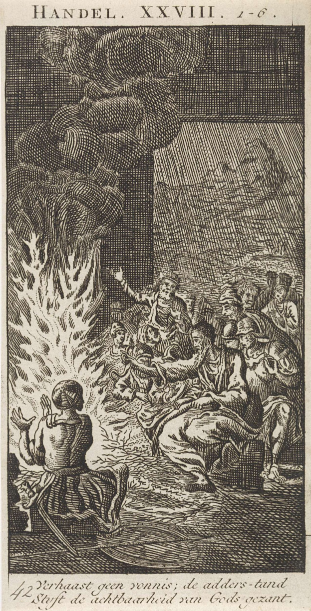 Schwarze und weiße Gravur einer Gruppe von Menschen, die um ein Feuer versammelt sind, einige sehen ängstlich nach oben und andere ehrfürchtig nach unten, mit Text oben und unten auf dem Papier.