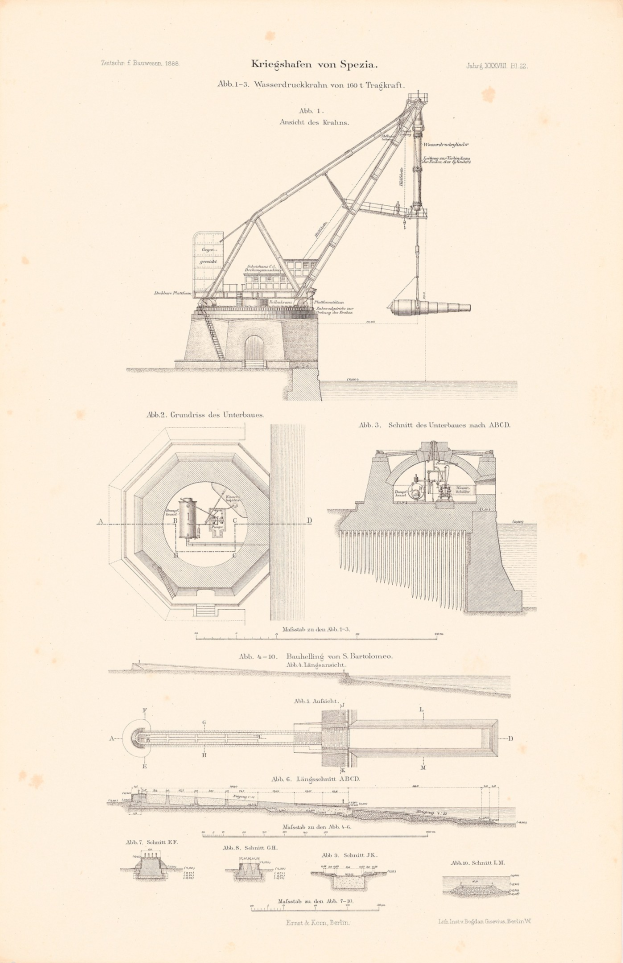 Detailgenaue Zeichnung eines Krans auf Papier mit begleitendem Text, der seine Größe, Form und Merkmale beschreibt.