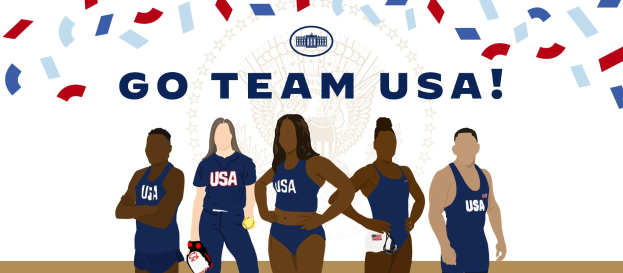Gruppe animierter Menschen vor einem weißen Hintergrund mit dem Text "Go Team USA" in fetten, bunten Buchstaben, repräsentierend das US-amerikanische Frauen-Volleyballteam.