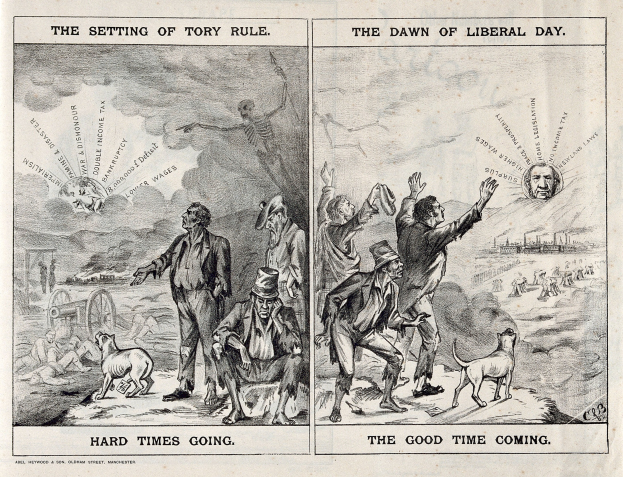 Schwarze und weiße Illustration, die eine politische Übergangsszene mit Menschen, Tieren und Gegenständen zeigt, beschriftet als die Ära der Tory-Regierung und der Beginn des liberalen Tages.