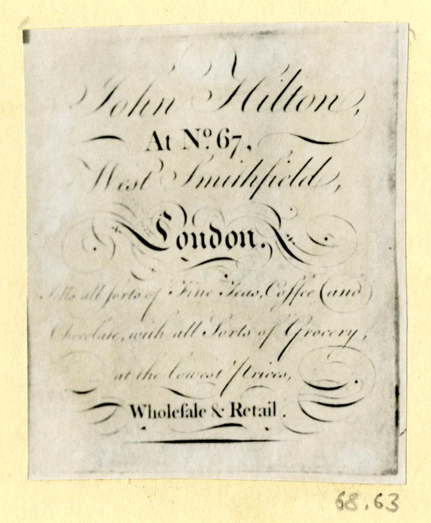 Ein Blatt Papier mit der Aufschrift "John Hilton, No. 67, West Smithfield, London".