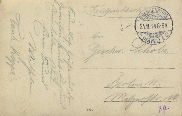Eine alte deutsche Postkarte mit der Nummer 8763, die ein Stempel und Text zeigt, liegt auf einer flachen Oberfläche.