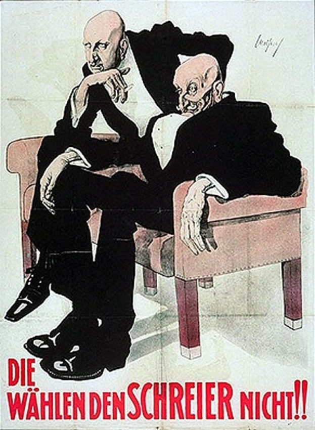 Deutsches Propagandaplakat für die Nazi-Partei mit zwei Männern auf einem Sofa und Text, der die Partei bewirbt.