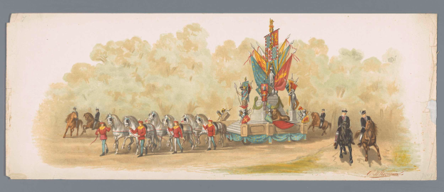 Ein Gemälde, das einen Karnevalsumzug mit Menschen in bunten Kostümen zeigt, die auf Pferden vor einem geschmückten Wagen reiten, vor einem Hintergrund aus Bäumen und einem klaren blauen Himmel.