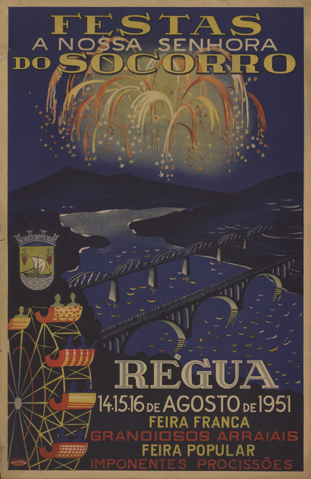 Ein Plakat, das ein Festival in Brasilien ankündigt und eine Brücke, Wasser, Hügel und Feuerwerk zeigt, mit Text, der Festival-Informationen enthält.