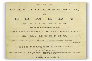 Ein weißes Blatt mit fetter, schwarzer Schrift in der Mitte, das "The Way to Keep Him, a Comedy in Five Acts" lautet und ein kleines Illustration eines Mannes oben rechts.