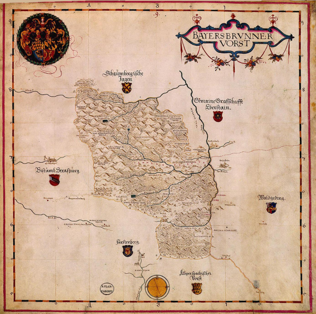 Ein detaillierter 15. Jahrhundert-Karten von Bayern, die Flüsse, Berge, Städte und begleitenden Text und Logos zeigt.