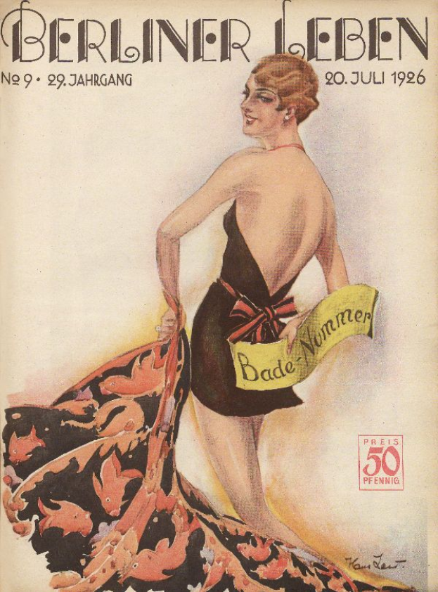 Eine Frau in einem Badeanzug steht auf dem Cover der Berliner Leben Zeitschrift vom Juni 1926 und hält ein Tuch in der Hand, während der Zeitschriftenname oben quer geschrieben ist.