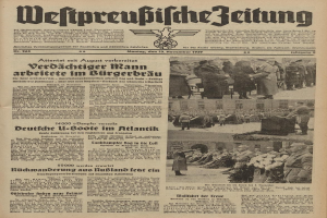 Titelblatt einer deutschen Zeitung vom 13. November 1939, betitelt "Weitpreubliche Zeitung", das eine Gruppe von Menschen in traditioneller deutscher Kleidung in einer feierlichen Atmosphäre zeigt.