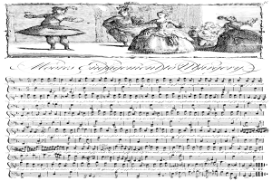 Eine Schwarz-Weiß-Zeichnung von Menschen in historischer Kleidung, die um ein Blatt Musik mit der Aufschrift 'Moores Engagement zur Operation' tanzen.