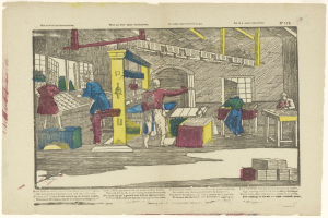 Eine handgezeichnete Fabrikszene, die Arbeiter bei der Bedienung von Maschinen und Tischen zeigt, mit Fenstern und Gegenständen, begleitet von Text unten.