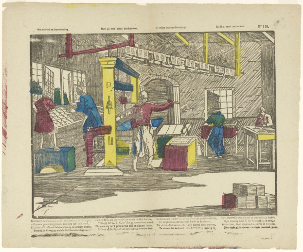 Eine handgezeichnete Fabrikszene, die Arbeiter bei der Bedienung von Maschinen und Tischen zeigt, mit Fenstern und Gegenständen, begleitet von Text unten.