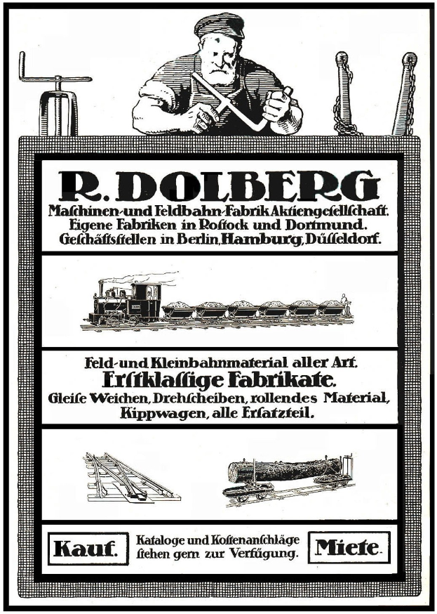 Werbeposter für die Fabrik von R.D. Dolberg in Hamburg, Deutschland, das Text, eine Person, einen Zug und andere Gegenstände zeigt.