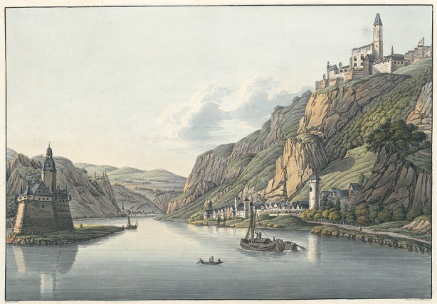 Gemälde eines Flusses mit Booten, umgeben von Hügeln, Bäumen, Gebäuden und einem bewölkten Himmel, mit dem Text "Schloss Karlsruhe in Deutschland" unten.