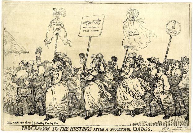 Eine Schwarz-Weiß-Zeichnung einer Menge mit Schildern mit der Aufschrift "Prozession zum Hustings Nach einem erfolgreichen Canvas."