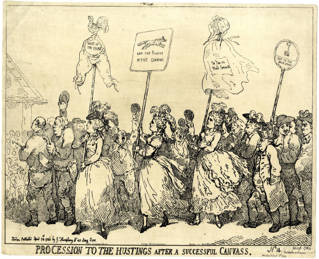 Eine Schwarz-Weiß-Zeichnung einer Menge mit Schildern mit der Aufschrift "Prozession zum Hustings Nach einem erfolgreichen Canvas."