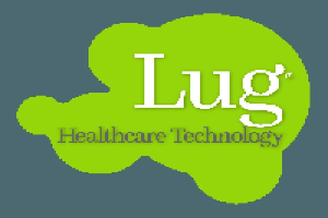 Logo von Lug Healthcare Technology, das mutige schwarze Schriftzüge in einem blauen und weißen Kreisdesign auf einem weißen Hintergrund zeigt.