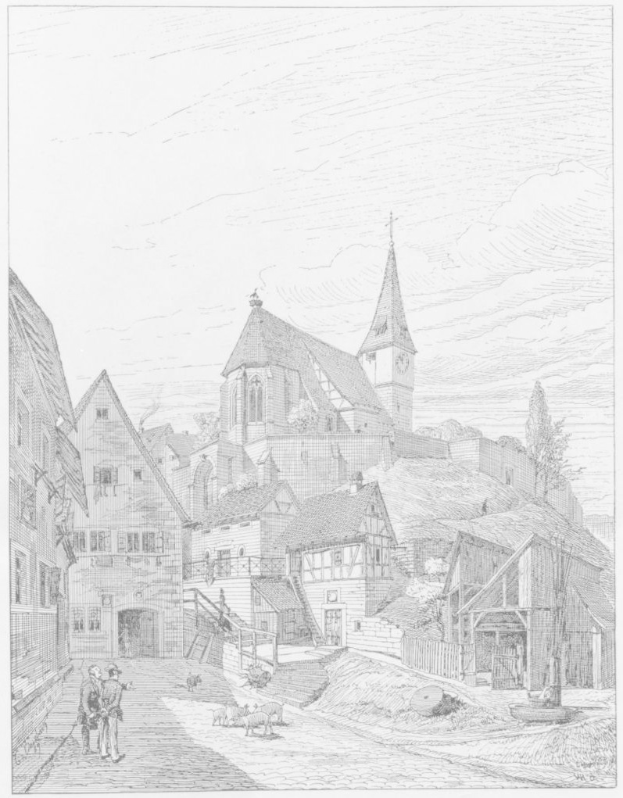 Eine Schwarz-Weiß-Zeichnung einer StraßenSzene in Heidelberg, Deutschland, mit der Kirche der Heiligen Dreifaltigkeit im Hintergrund, umgeben von Gebäuden, Menschen, Tieren, Bäumen und einem Himmel, mit Text unten, der die Kirche identifiziert.