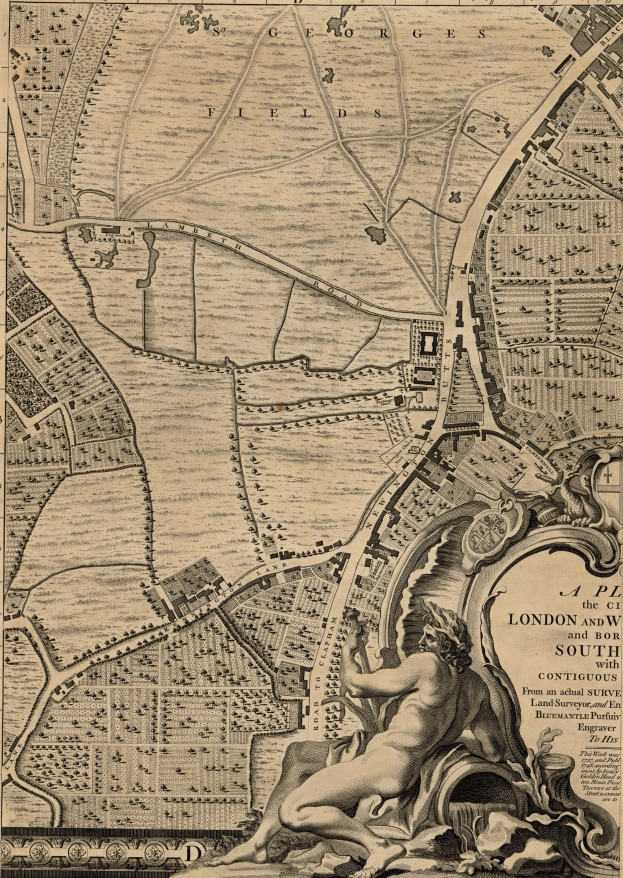 Eine detaillierte Karte von London und seiner Umgebung mit einer zentralen Skulptur einer Person.